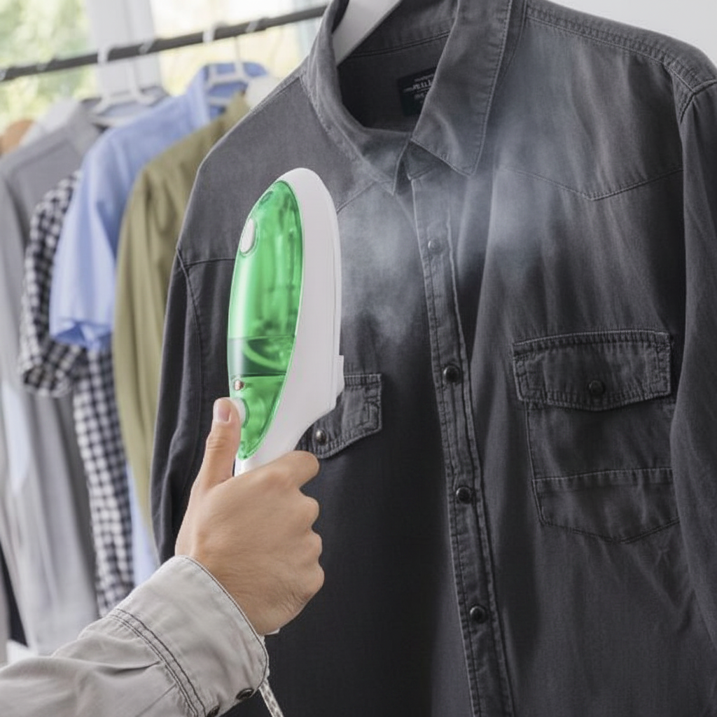 Plancha de vapor vertical en uso sobre camisa